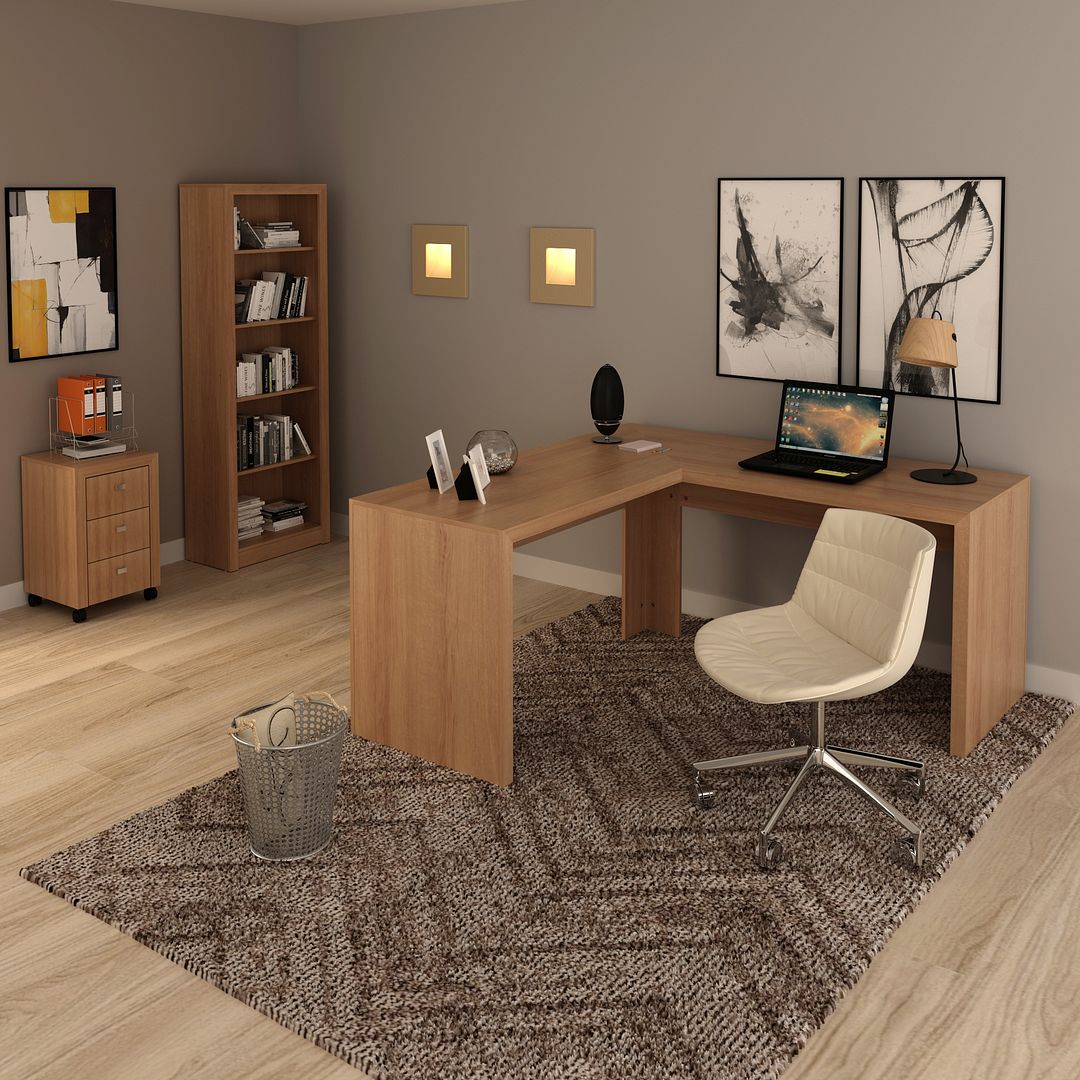 Conjunto de Escritório com Estante, Gaveteiro 3 Gavetas e Mesa para Angular em L 157,3cm MDP Amêndoa Tecnomobili