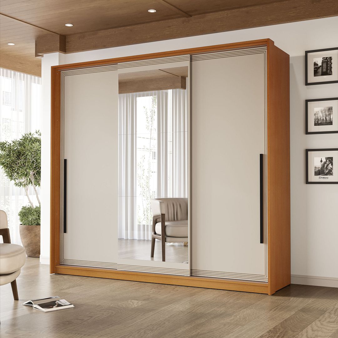 Guarda-Roupa 3 Portas 4 Gavetas 220cm Com Detalhes Usinados E Corrediça Telescópica Em Mdp/mdf Politorno