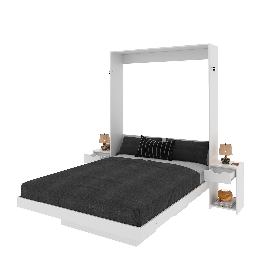 Cama Articulada Vertical Casal de Parede Com 2 Mesas de Cabeceira Nichos e Gavetas MDP Branco Até 240kg Tecnomobili