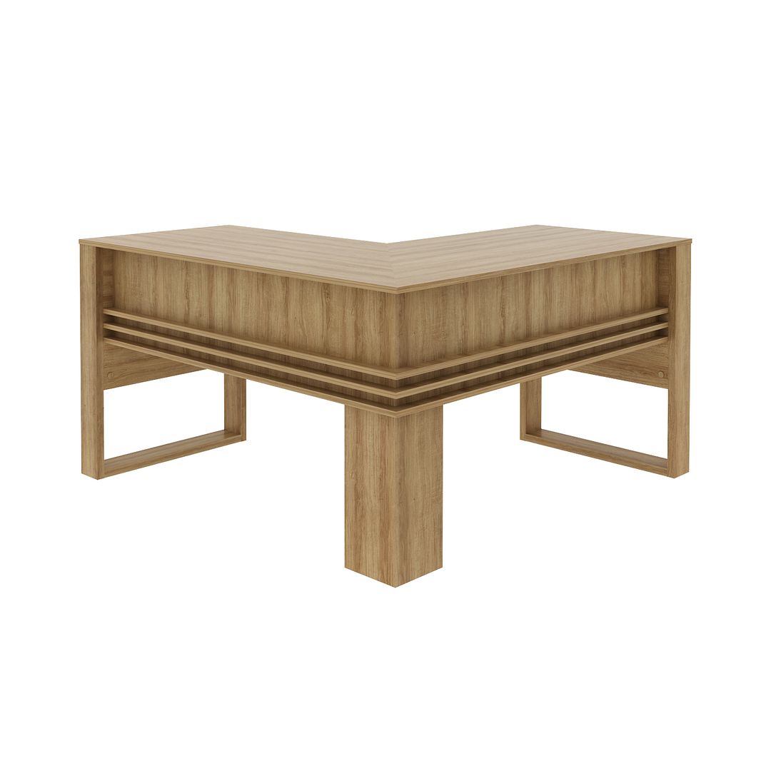 Conjunto de Escritório com Mesa em L, Balcão 136cm com 3 Portas e Gaveteiro Escritório MDP Amêndoa Tecnomobili