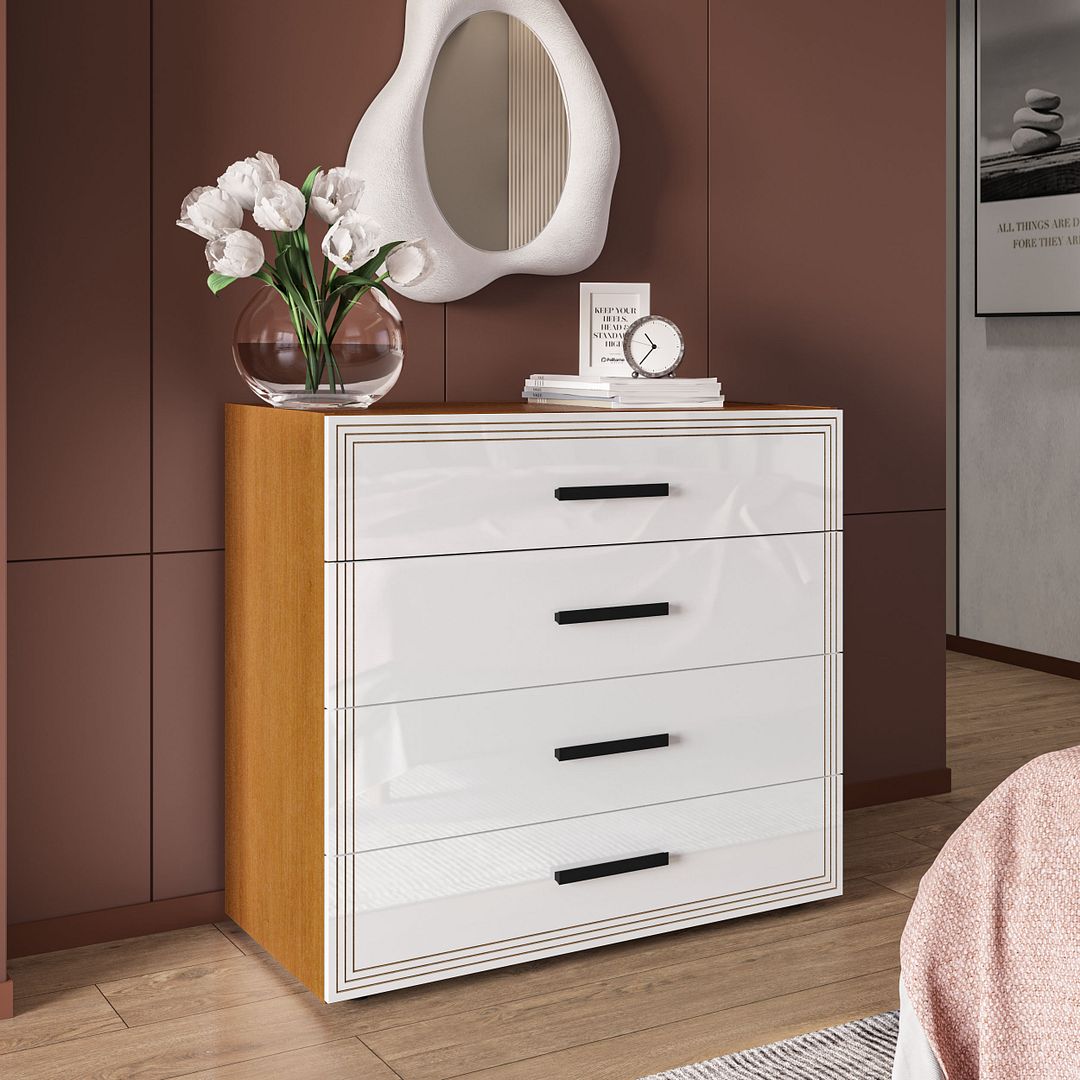 Cômoda 4 Gavetas 90cm Com Detalhes Usinados E Corrediça Telescópica Em Mdp/mdf Politorno