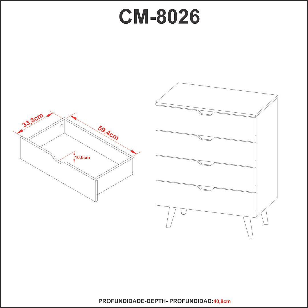 Cômoda Quarto com 4 Gavetas MDP Amêndoa Design Moderno Tecnomobili