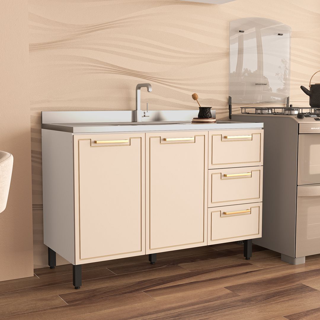 Balcão De Cozinha 2 Portas E 3 Gavetas 120cm Com Acabamento Ff E Pintura Uv Em Mdp/mdf Politorno