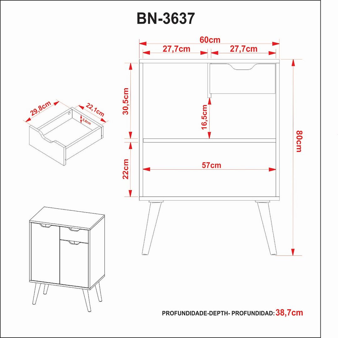 Balcão Gabinete para Banheiro com 2 Portas e 1 Gaveta MDP Branco Tecnomobili