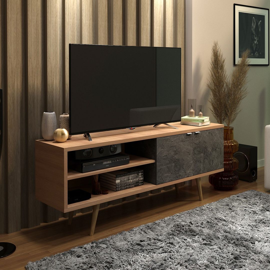 Rack Para TV até 55 Polegadas com 2 Portas MDP Amêndoa/Mármore LunarTecnomobili