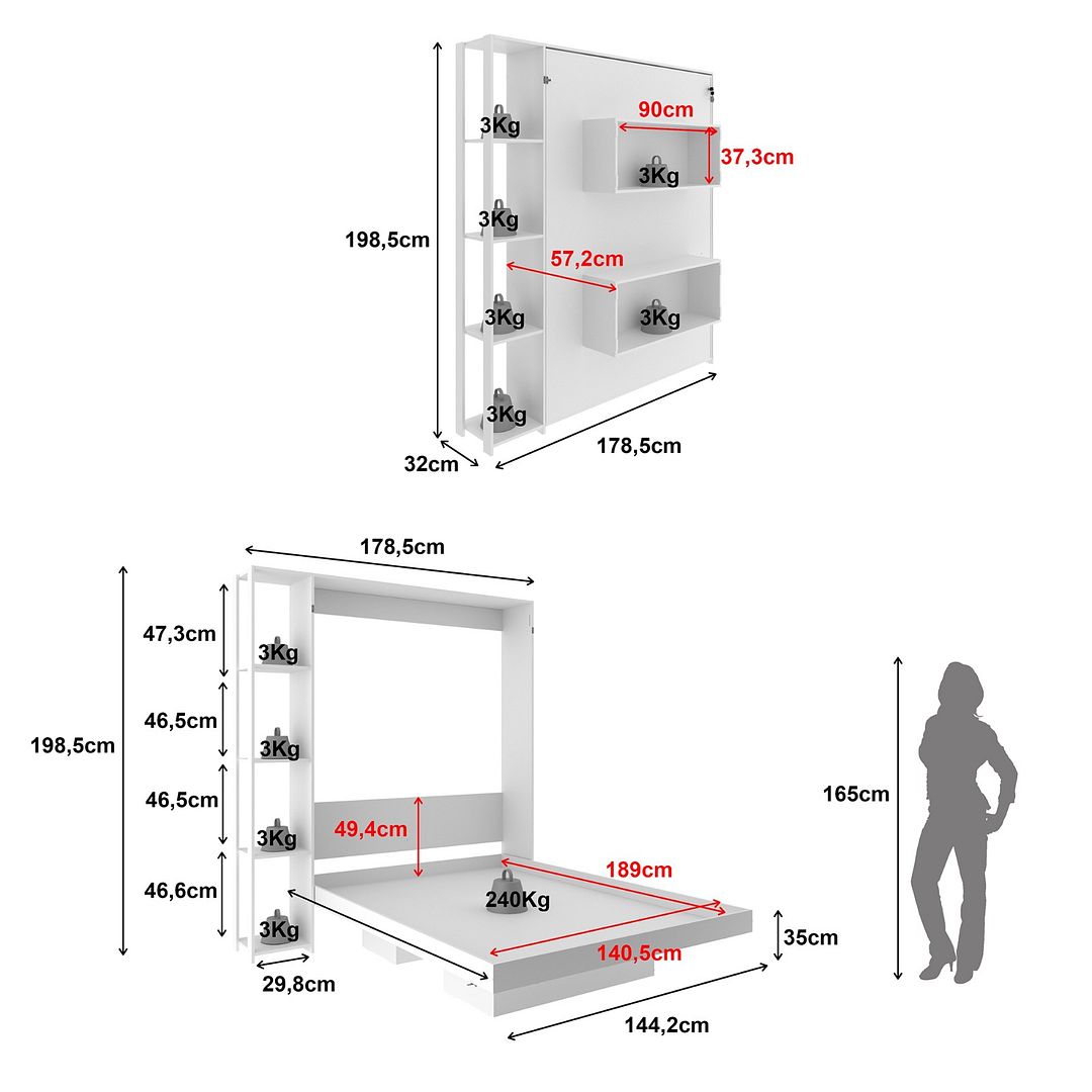 Cama Articulada Vertical Casal de Parede com 4 Prateleiras e 2 Nichos MDP Branco Até 240kg Tecnomobili