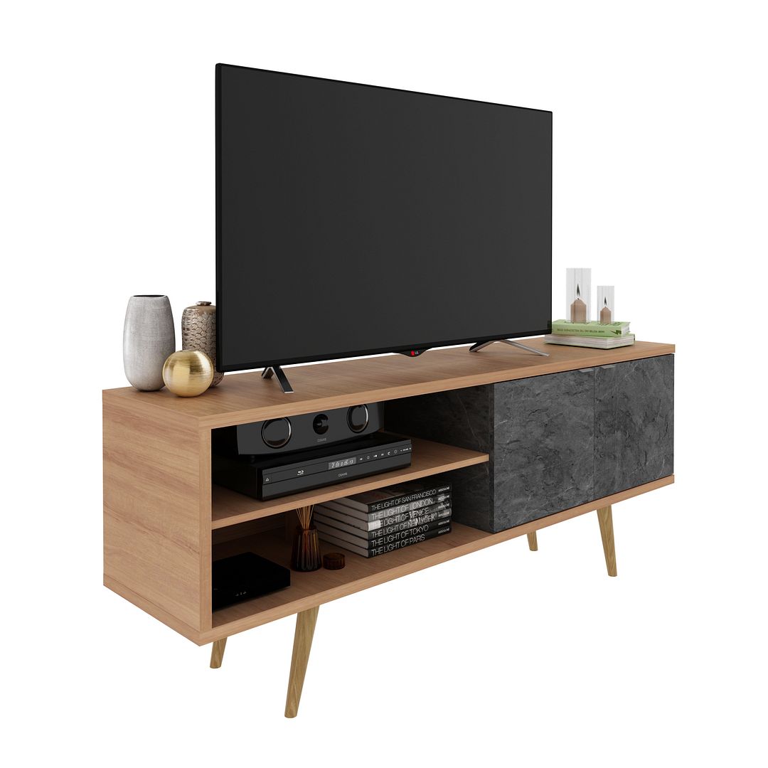 Rack Para TV até 55 Polegadas com 2 Portas MDP Amêndoa/Mármore LunarTecnomobili