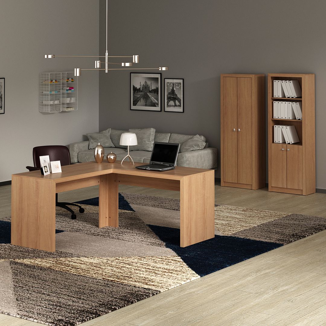 Conjunto de Escritório com 2 Armários 2 Portas e Mesa para Escritório Angular em L 157,3cm MDP Amêndoa Tecnomobili