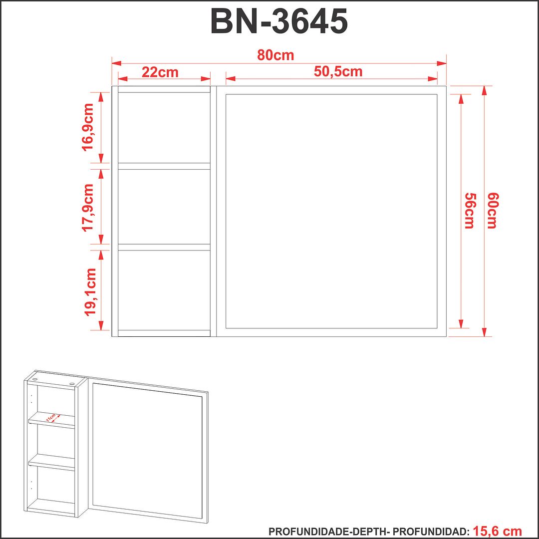 Espelho para Banheiro Suspenso com 1 Porta e 3 Prateleiras MDP Amêndoa/Branco Tecnomobili