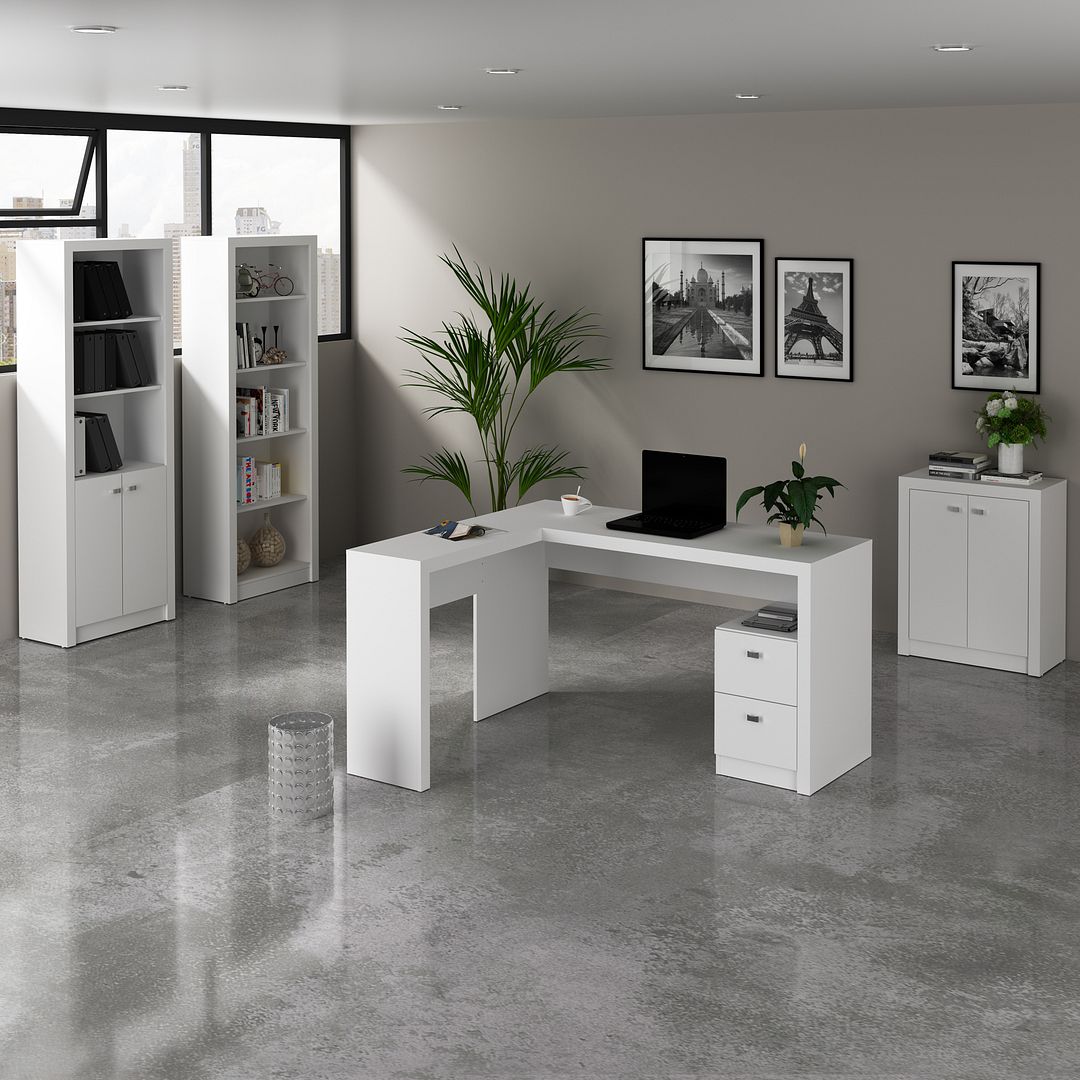 Conjunto de Escritório com Balcão, Estante , Armário e Mesa 138,5cm Formato em L 2 Gavetas MDP Branco Tecnomobili