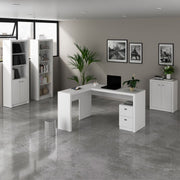 Conjunto de Escritório com Balcão, Estante , Armário e Mesa 138,5cm Formato em L 2 Gavetas MDP Branco Tecnomobili