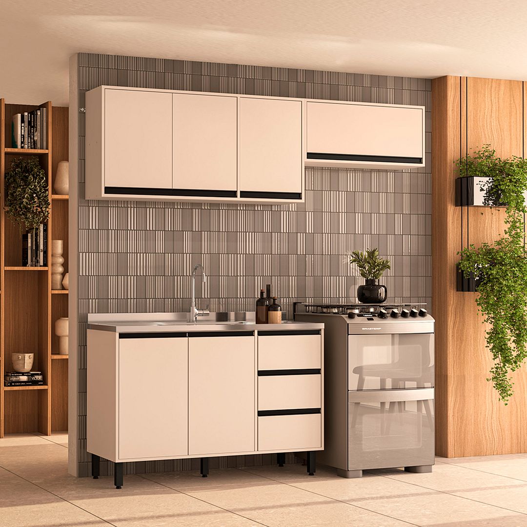 Cozinha Completa 3 Peças 214x200cm Com Corrediça Telescópica E Pintura Uv Em Mdp Politorno