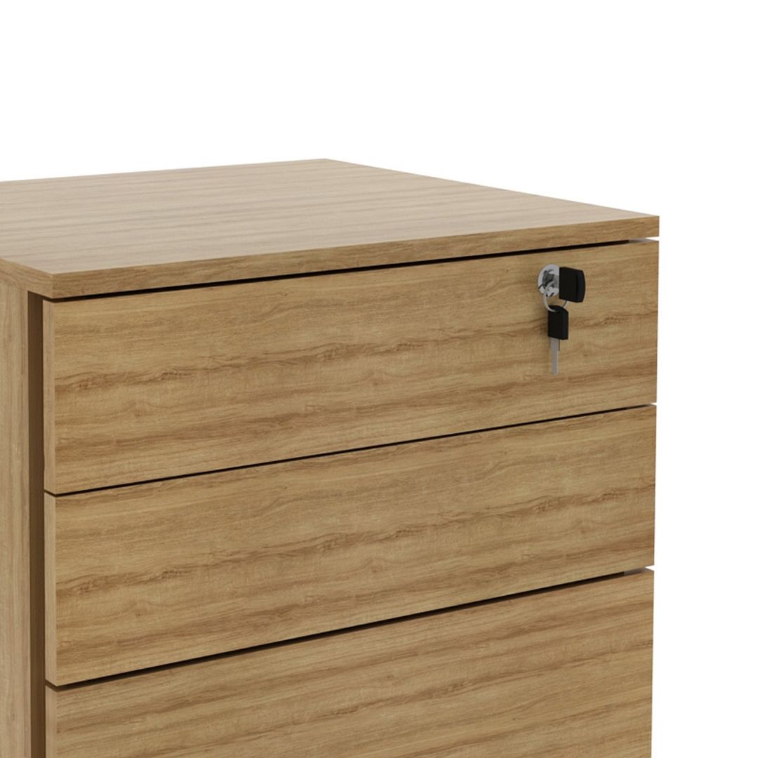 Conjunto de Escritório com Mesa em L, Balcão 136cm com 3 Portas e Gaveteiro Escritório MDP Amêndoa Tecnomobili