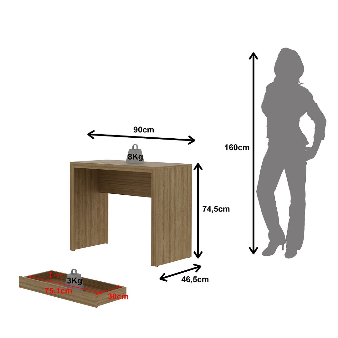 Conjunto de Escritório com Estante com 5 Prateleiras e Mesa 90cm com 1 Gaveta MDP Amêndoa Tecnomobili