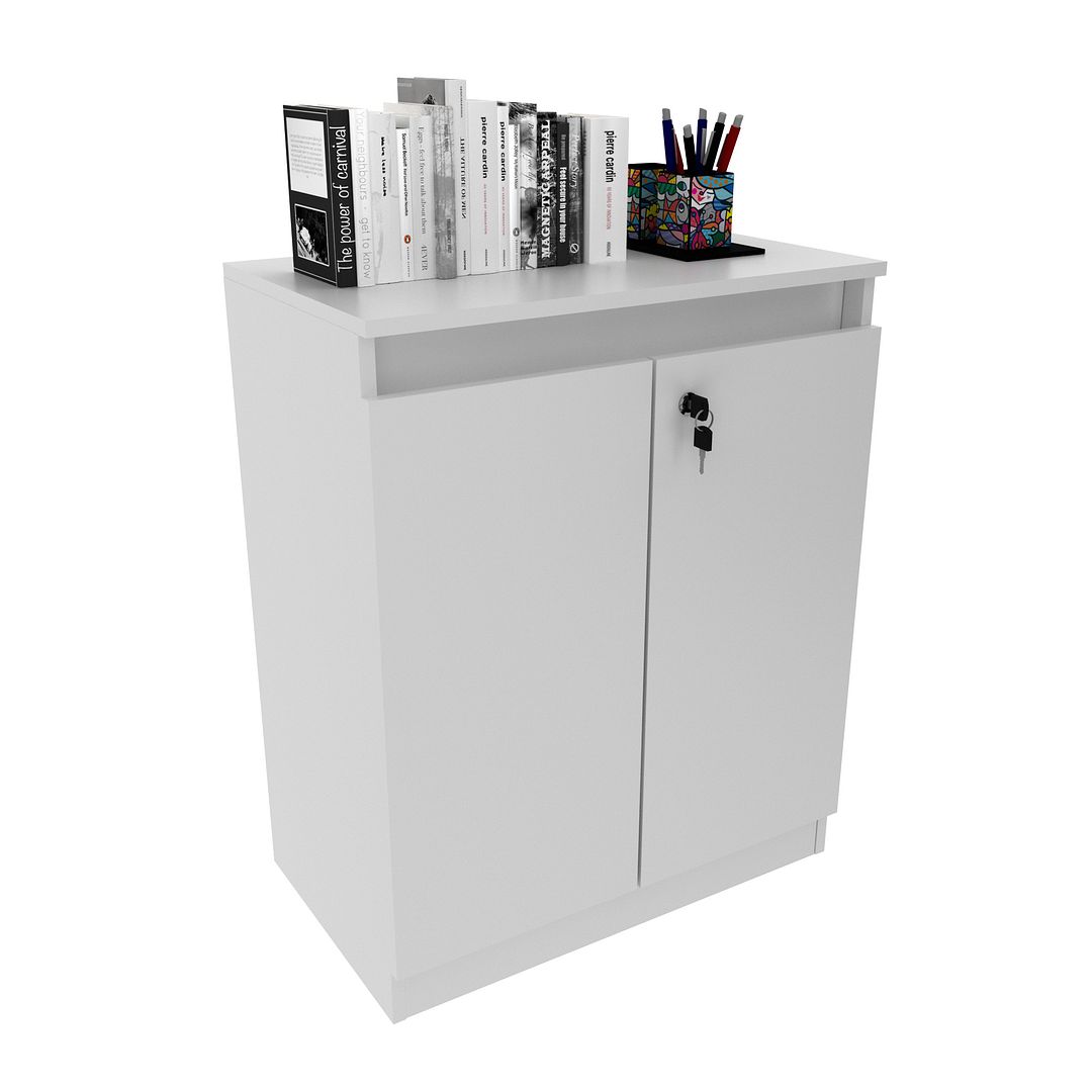 Conjunto de Escritório com Mesa em L, Balcão 3 portas, 2 Gaveteiros e 2 Balcões 60cm 2 Portas MDP Branco Tecnomobili