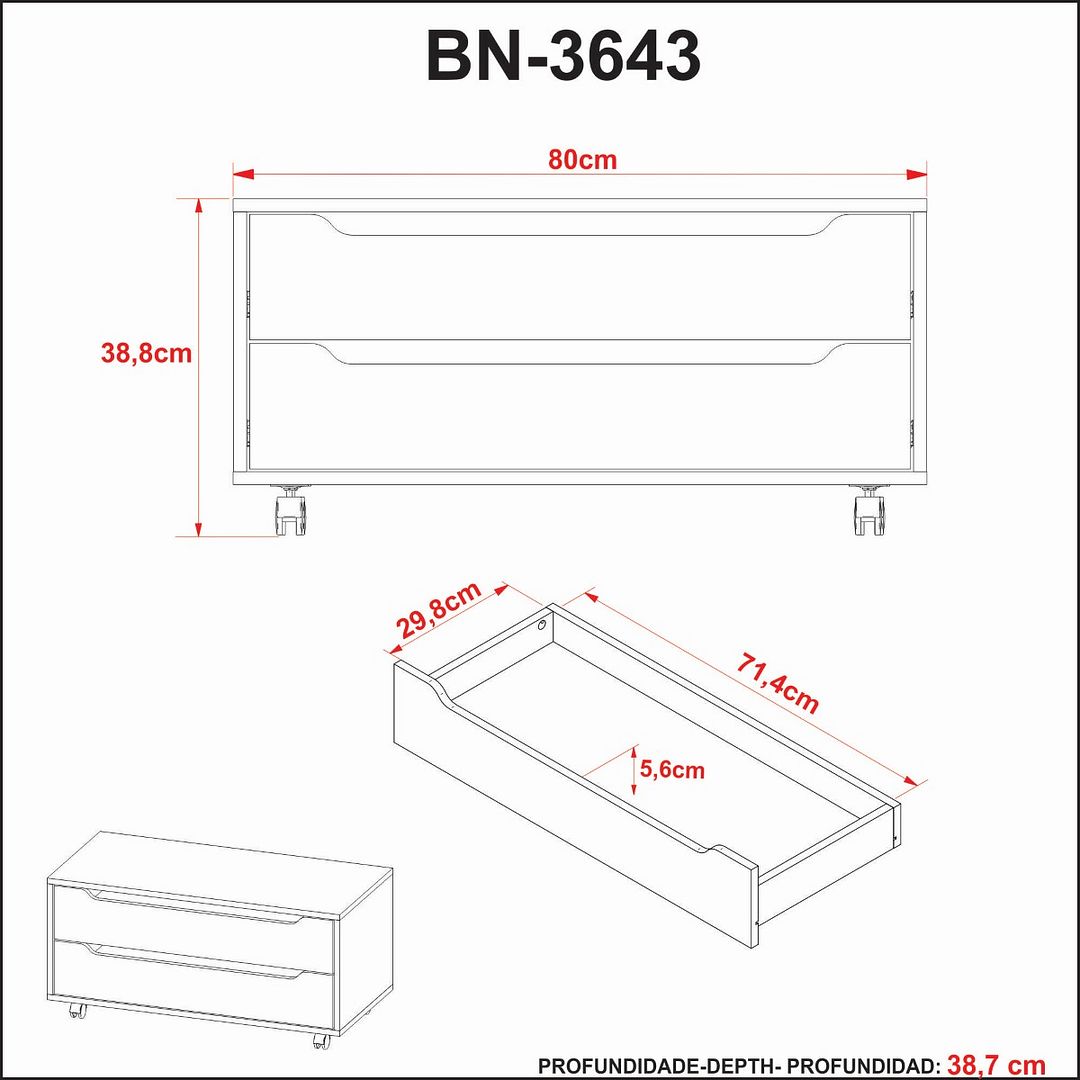 Balcão Gabinete para Banheiro com 2 Gavetas MDP Amêndoa/Branco 4 Pés Rodízios Tecnomobili