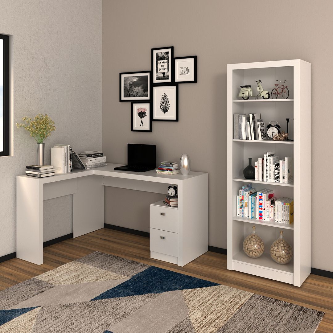 Conjunto de Escritório com Estante 5 Prateleiras e Mesa 138,5cm Formato em L com 2 Gavetas MDP Branco Tecnomobili