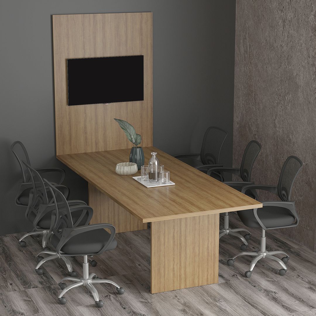 Conjunto de Escritório com Mesa de Reunião 220cm e Painel Suspenso até 37 Polegadas MDP Amendoa Tecnomobili
