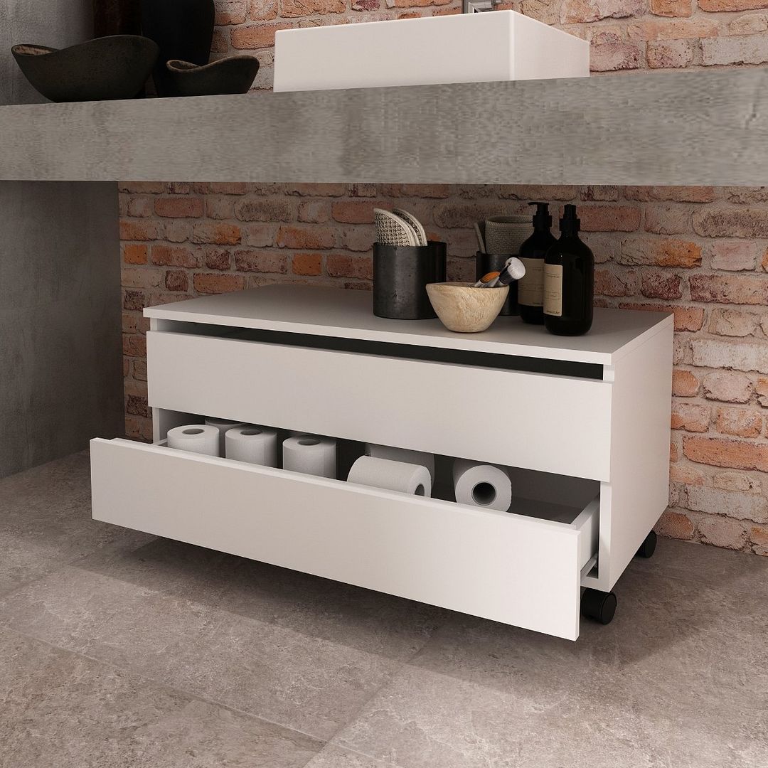 Conjunto de Banheiro com Balcão Gabinete 2 Gavetas e Espelho Suspenso  80cm com 1 Porta Lateral MDP Branco