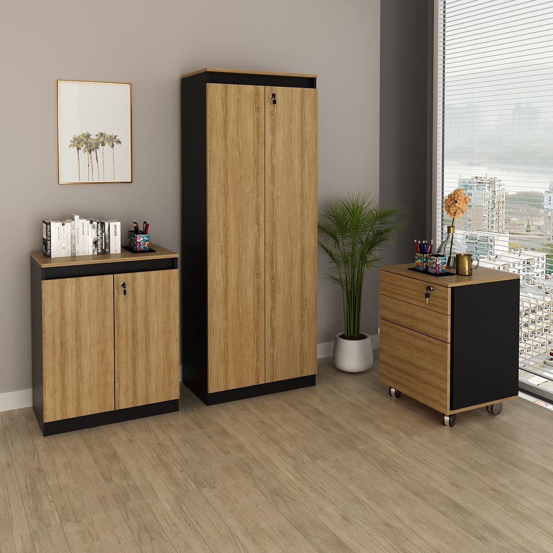 Conjunto de Escritório com Balcão 60cm , Armário 2 Portas e Chave e Gaveteiro MDP Tecnomobili