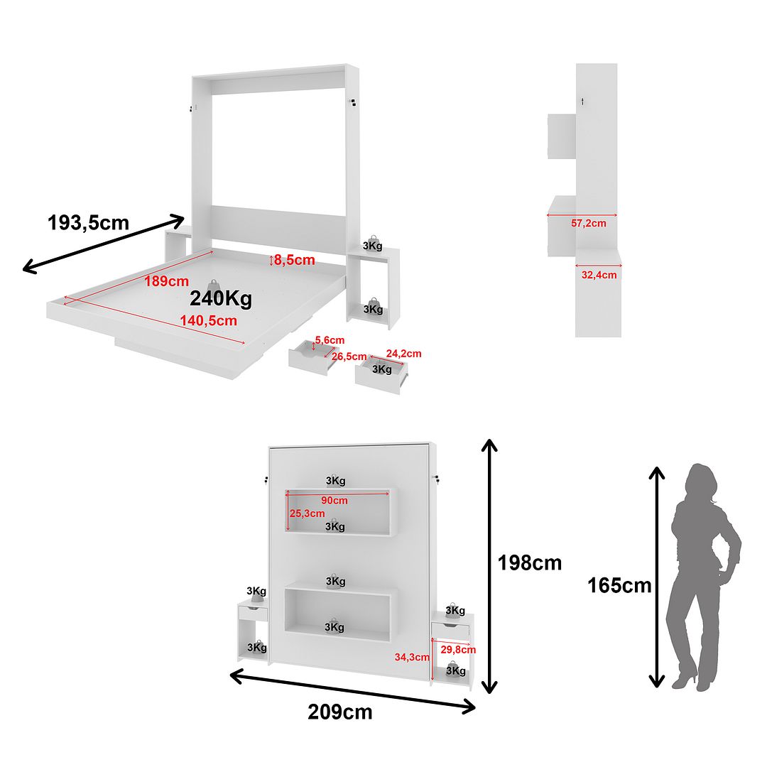 Cama Articulada Vertical Casal de Parede Com 2 Mesas de Cabeceira Nichos e Gavetas MDP Branco Até 240kg Tecnomobili