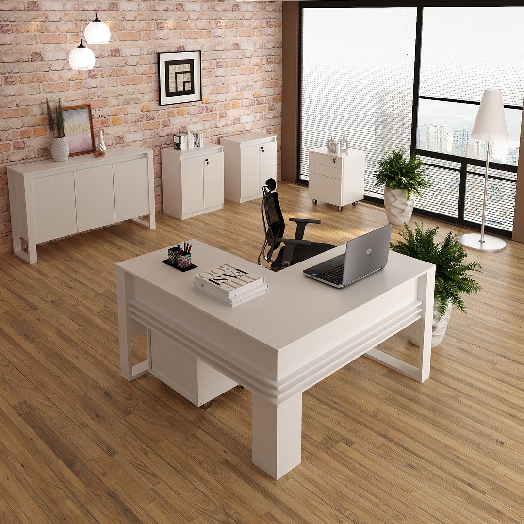 Conjunto de Escritório com Mesa em L, Balcão 3 portas, 2 Gaveteiros e 2 Balcões 60cm 2 Portas MDP Branco Tecnomobili