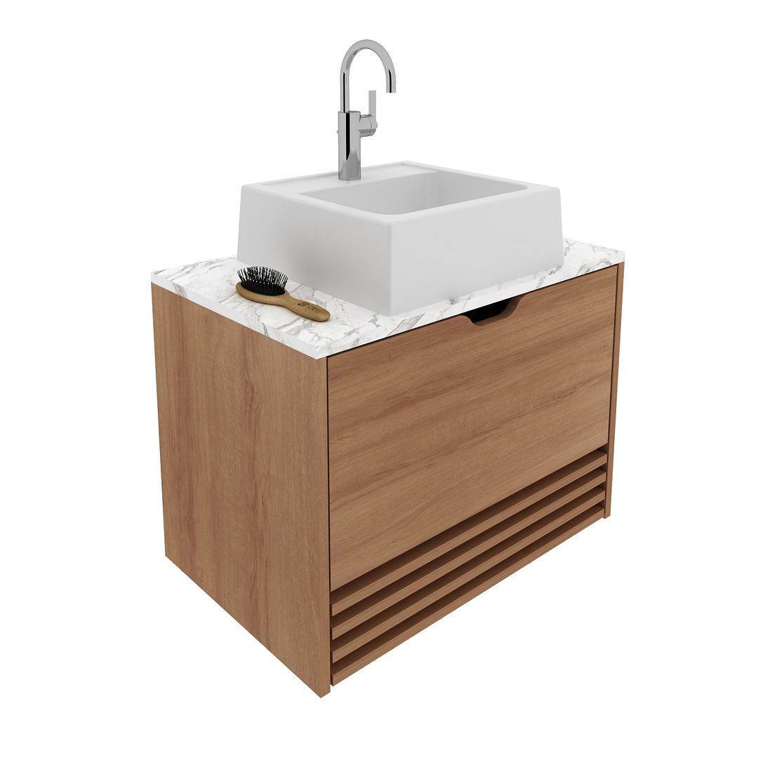 Balcão Gabinete para Banheiro Suspenso 60cm com 1 Porta e 1 Gaveta MDP Amêndoa/Marmore/Branco Tecnomobili