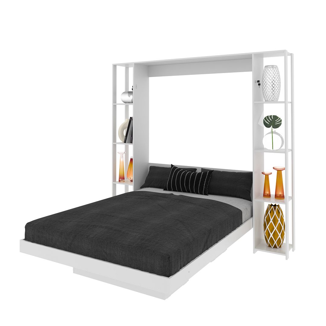 Cama Articulada Vertical Casal de Parede com 8 Prateleiras e 2 Nichos MDP Branco Até 240kg Tecnomobili