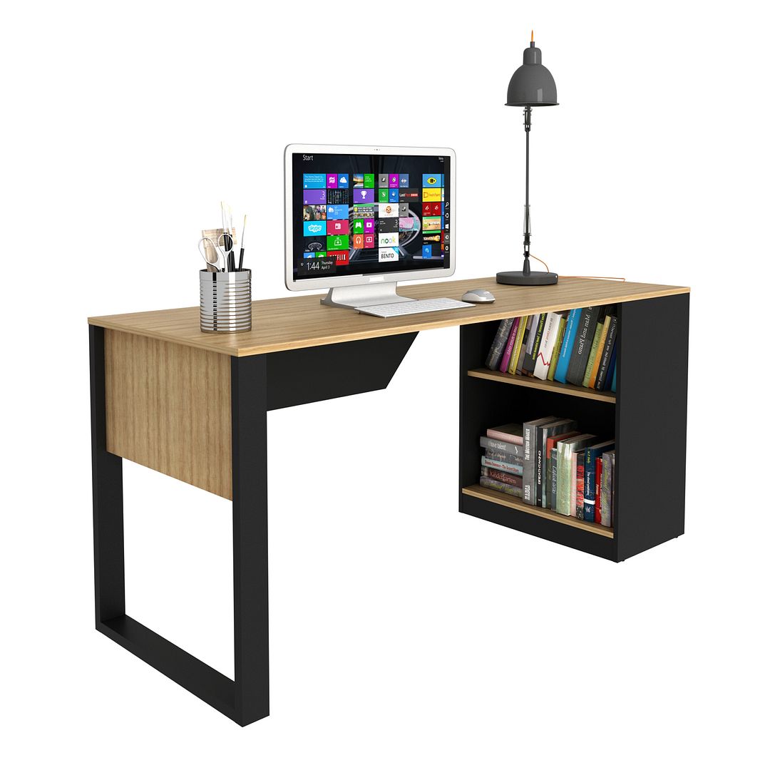 Mesa para Escritório 160cm com 2 Prateleiras MDP Reversível Amêndoa/Preto Tecnomobili