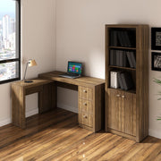 Conjunto de Escritório com Mesa Apoio Lateral 3 Gavetas e Armário Alto com 2 Portas 5 Prateleiras MDP Nogal Tecnomobili