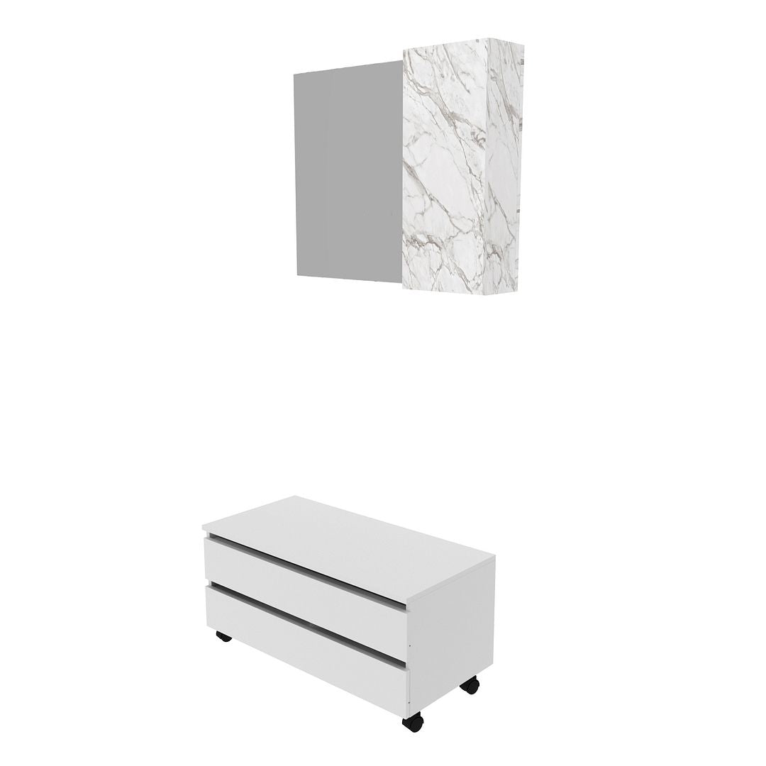 Conjunto de Banheiro com Balcão Gabinete 2 Gavetas e Espelho Suspenso  80cm com 1 Porta Lateral MDP Branco