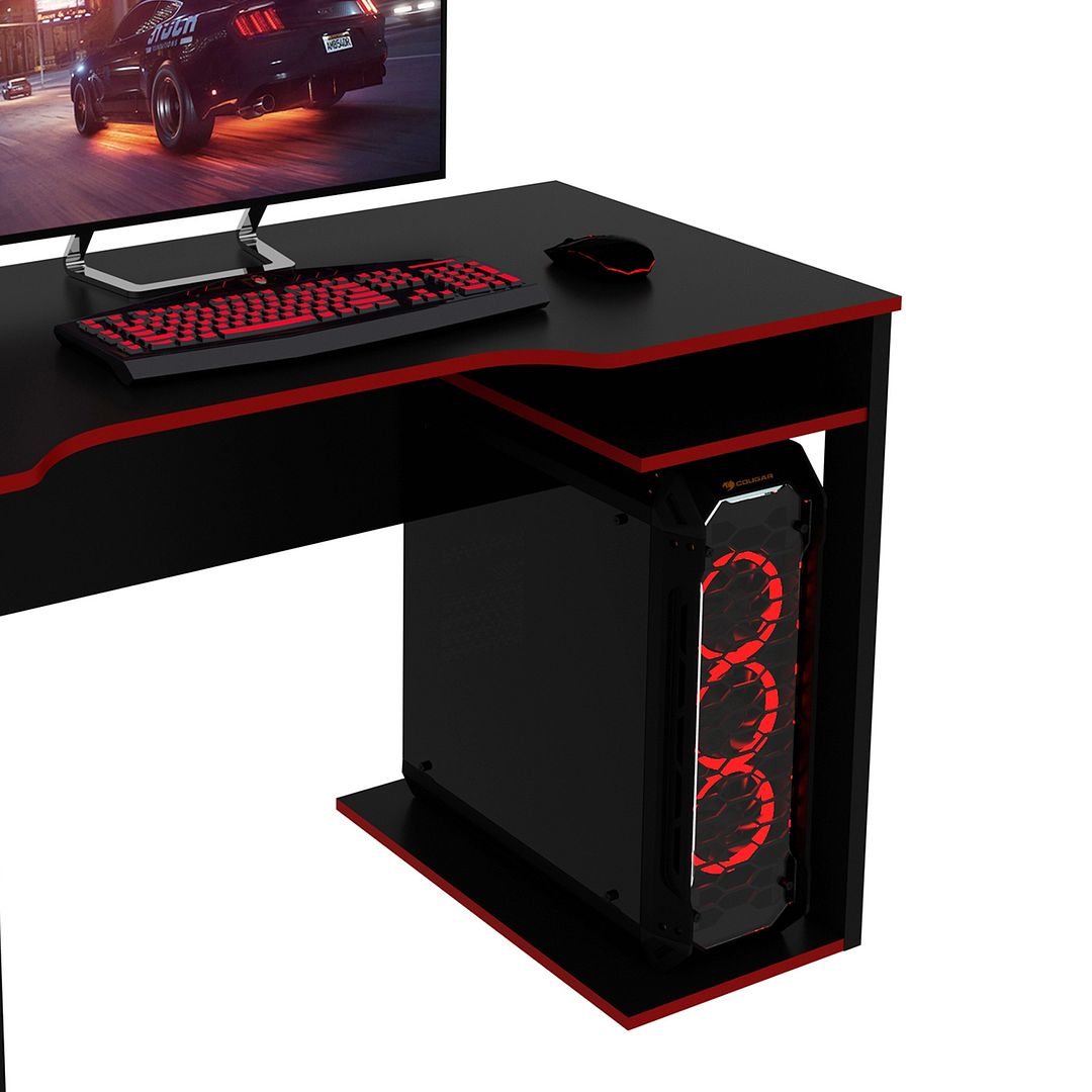 Mesa Gamer 105cm com 1 Prateleira e Porta CPU Nicho Aberto MDP Preto/Vermelho Tecnomobili