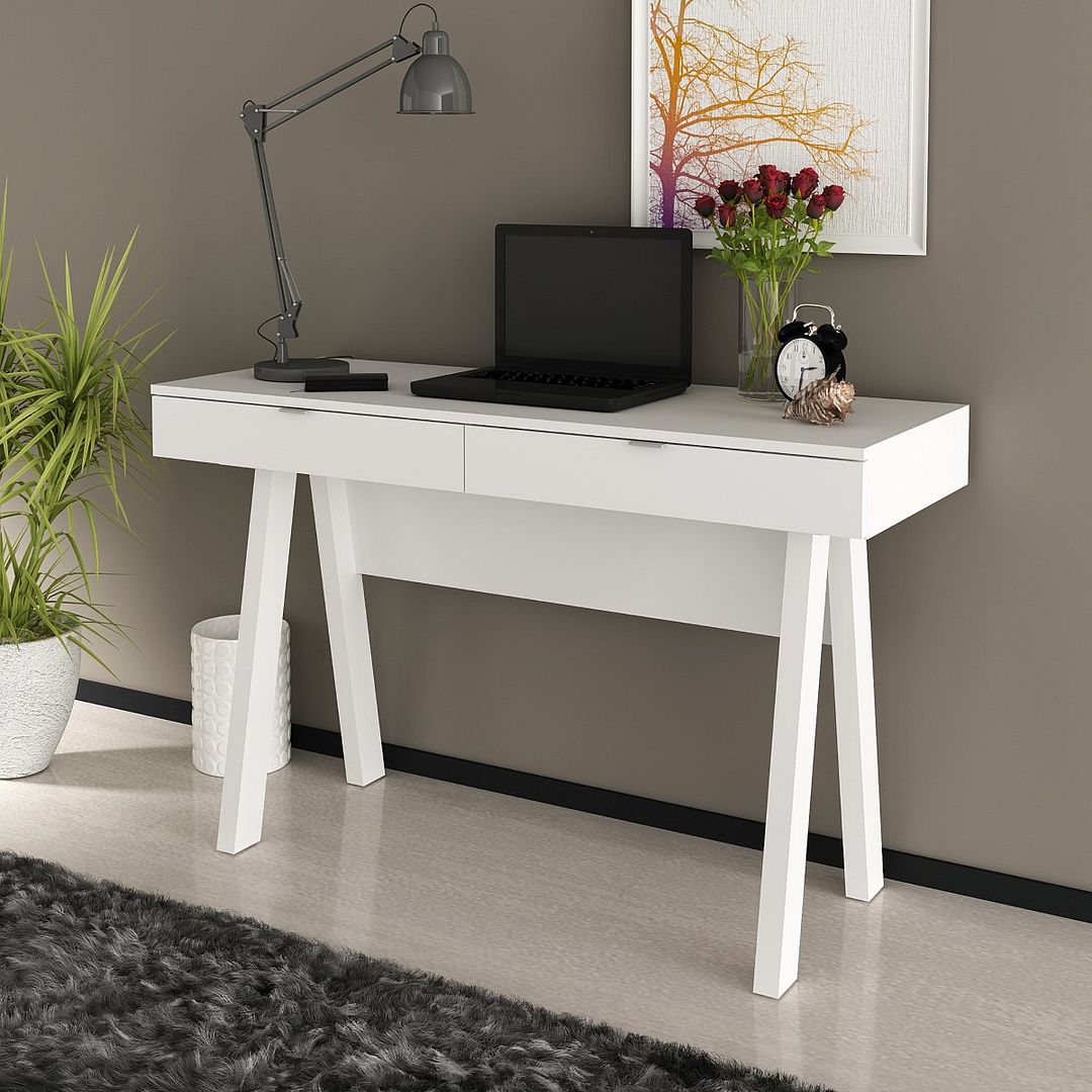 Conjunto de Escritório com Balcão, Estante , Armário e Escrivaninha Cavalete 120cm com 2 Gavetas MDP Branco Tecnomobili