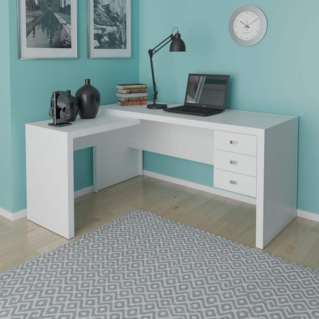Conjunto de Escritório com 2 Estantes 5 Prateleiras e 2 Mesas com Apoio Lateral 3 Gavetas MDP Branco Tecnomobili