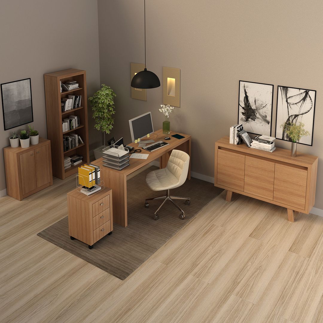 Conjunto de Escritório com Balcão, Estante, Gaveteiro, Mesa 163cm e Balcão com 3 portas MDP Amêndoa Tecnomobili