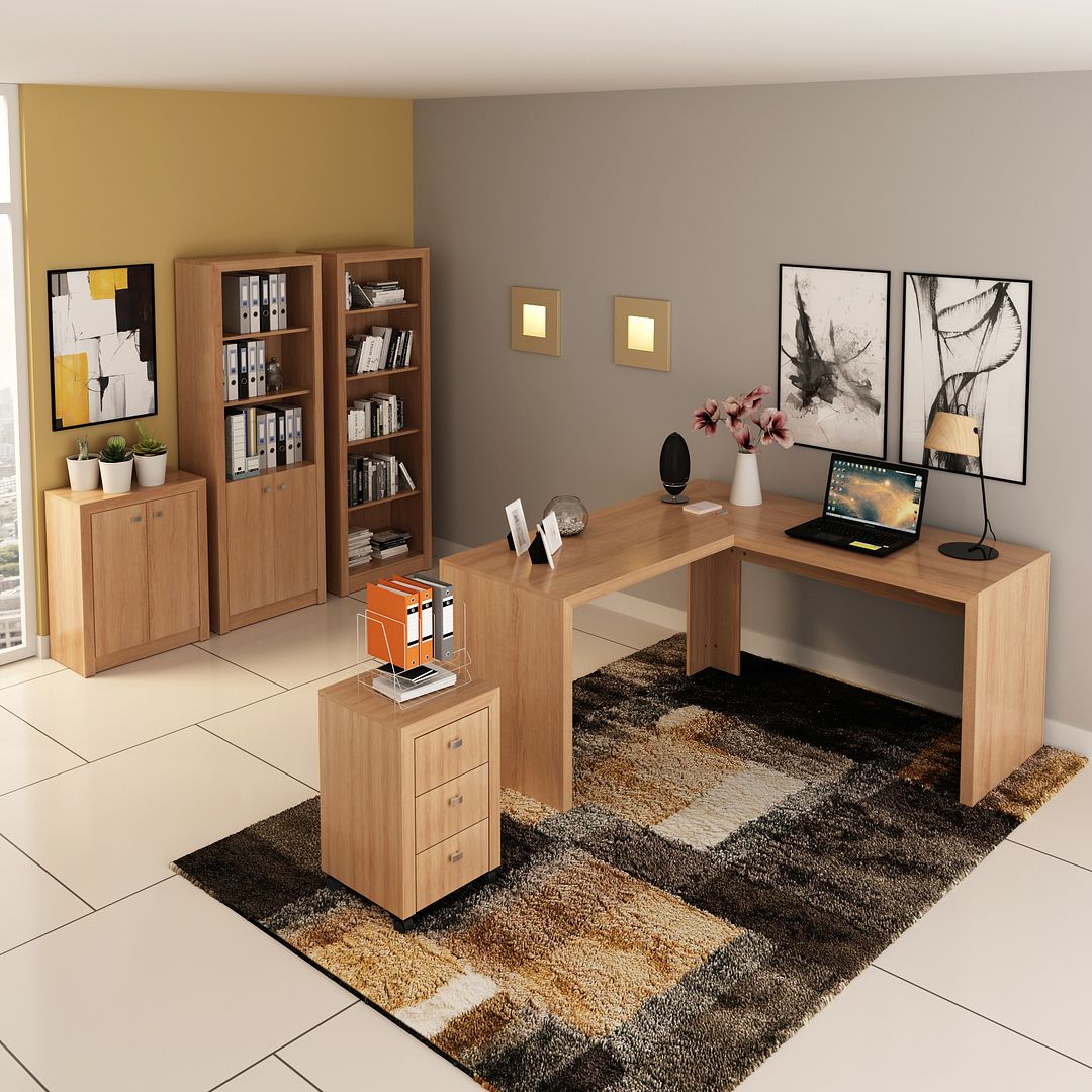 Conjunto de Escritório com Balcão, Estante, Gaveteiro, Armário e Mesa Angular em L 157,3cm MDP Amêndoa Tecnomobili