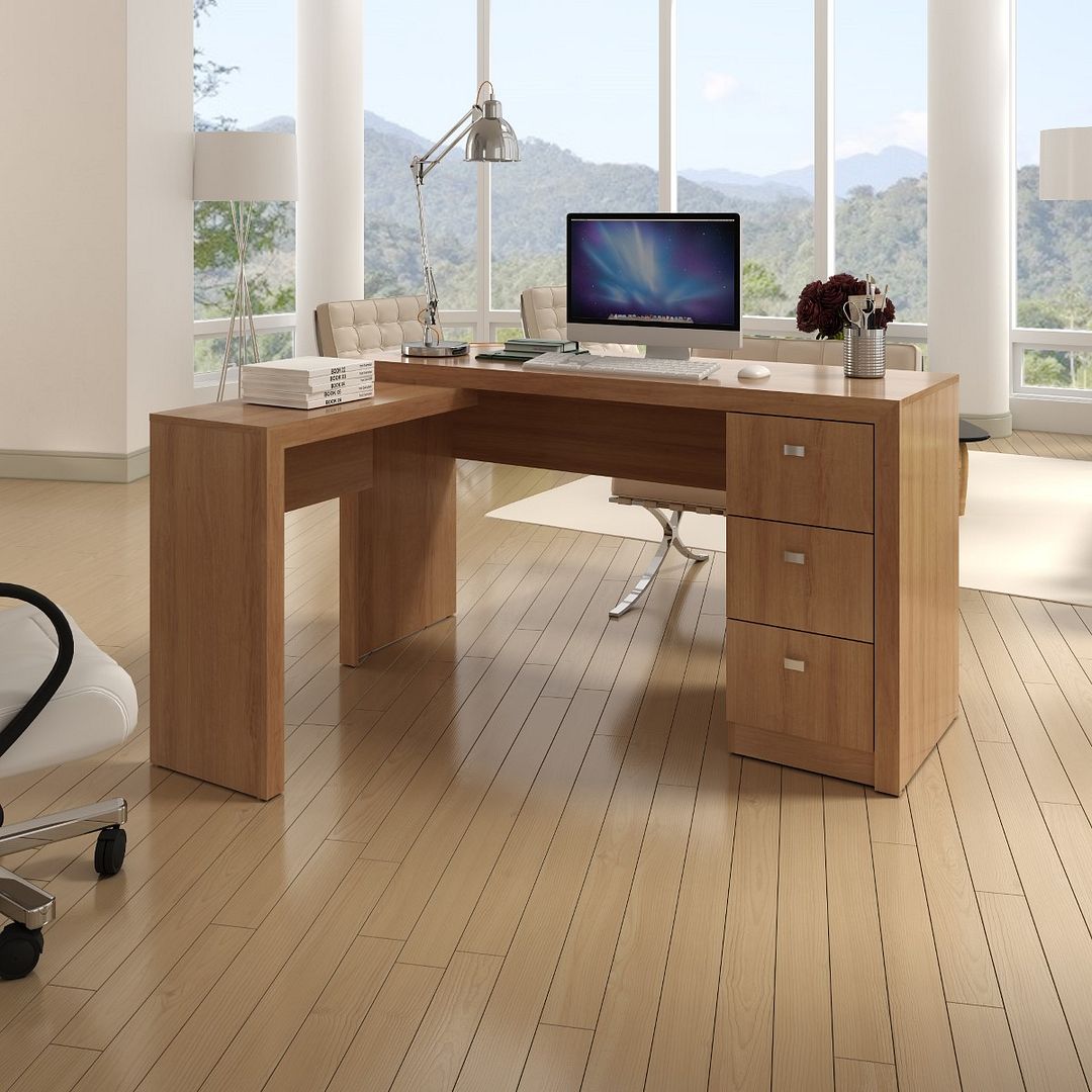 Conjunto de Escritório com 2 Mesas com Apoio Lateral e 3 Gavetas MDP Amêndoa Tecnomobili