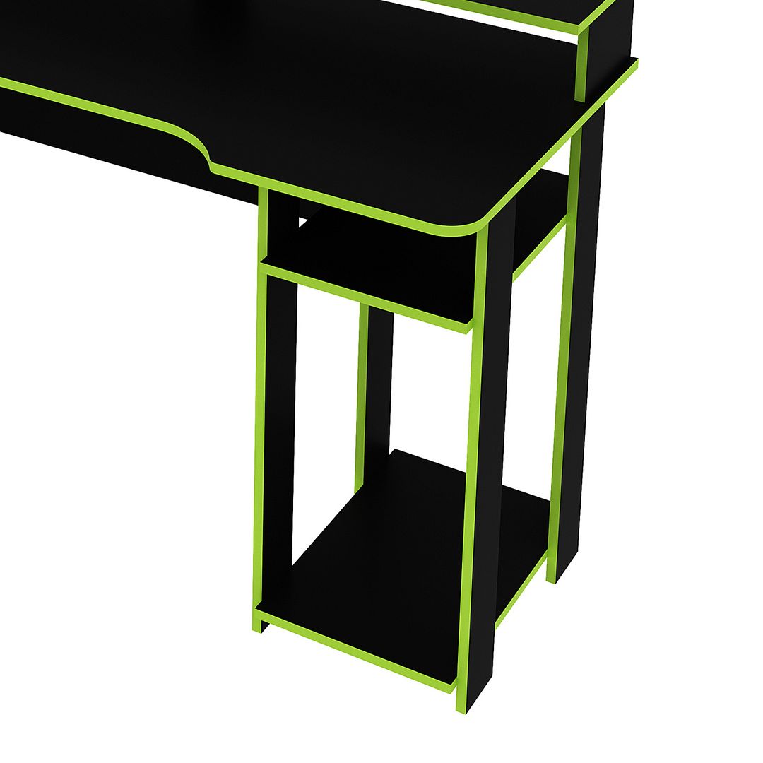Mesa Gamer 136cm com Porta CPU Nicho Aberto MDP Preto/Verde Prateleira Auxiliar Tecnomobili