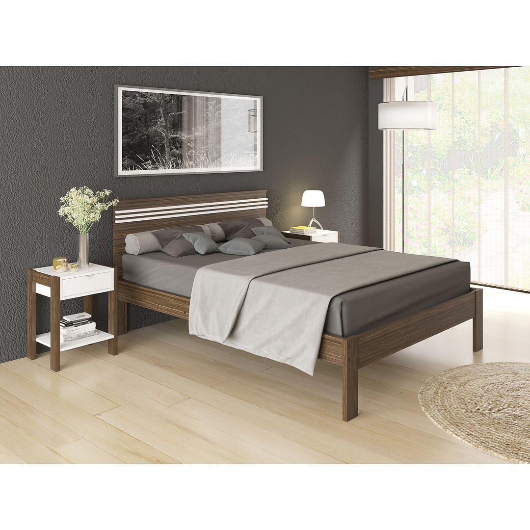 Cama de Casal Tradicional 138x188cm MDP Nogal/Branco Até 260kg Tecnomobili