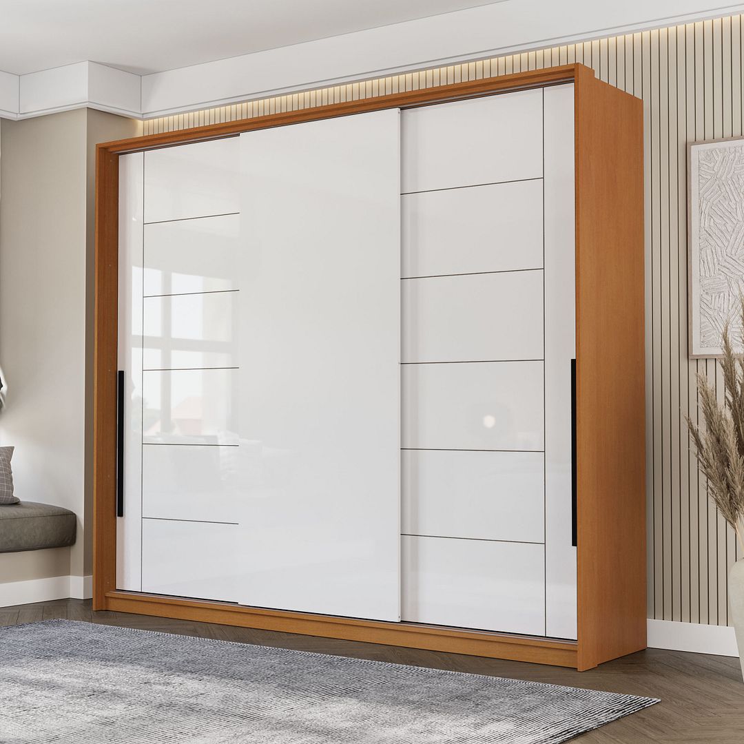 Guarda-Roupa 3 Portas De Correr 4 Gavetas 220cm Com Corrediça Telescópica Em Mdp/mdf Politorno