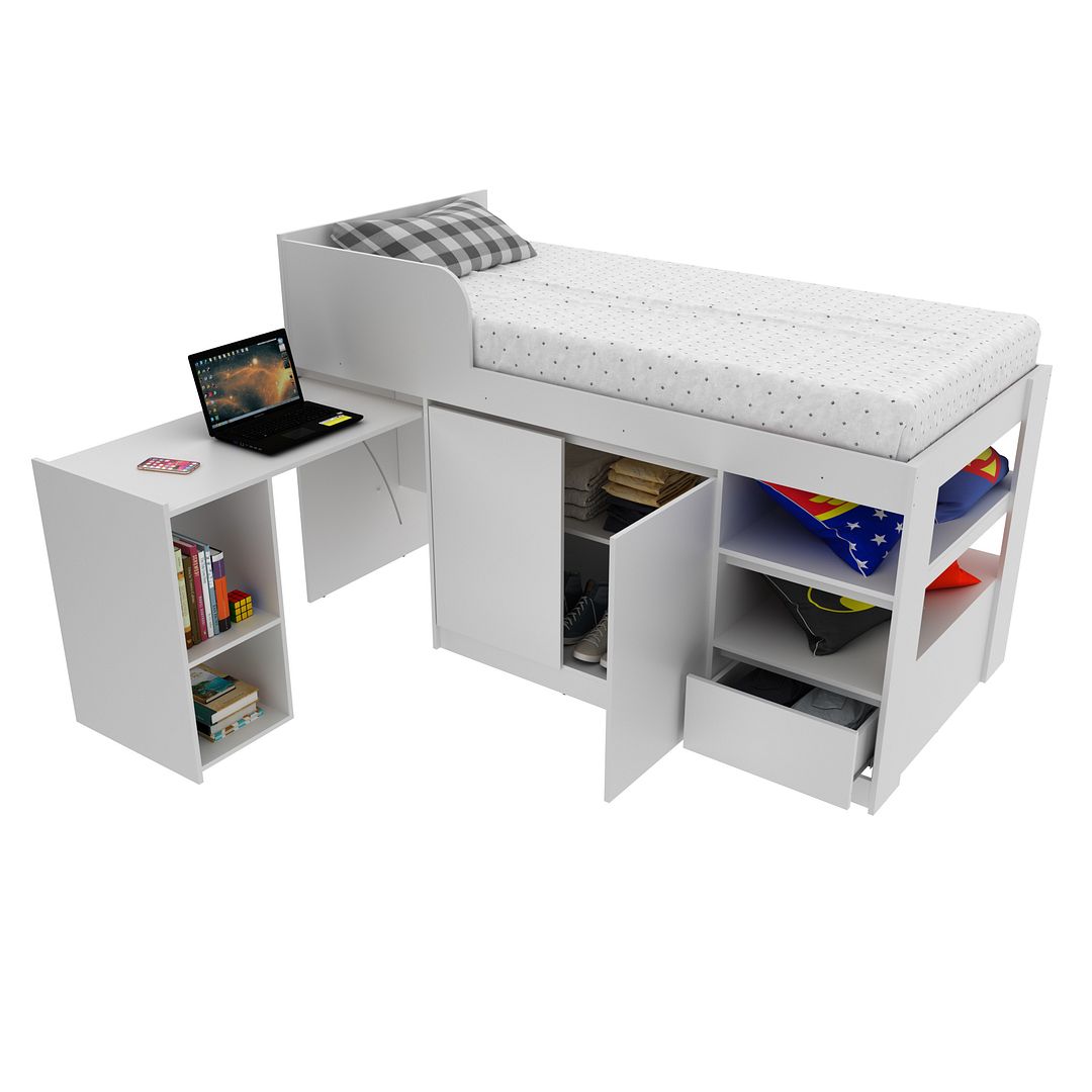 Cama Alta Multifuncional Infantil com Escrivaninha Gaveta e Armários MDP Branco Até 130kg Tecnomobili