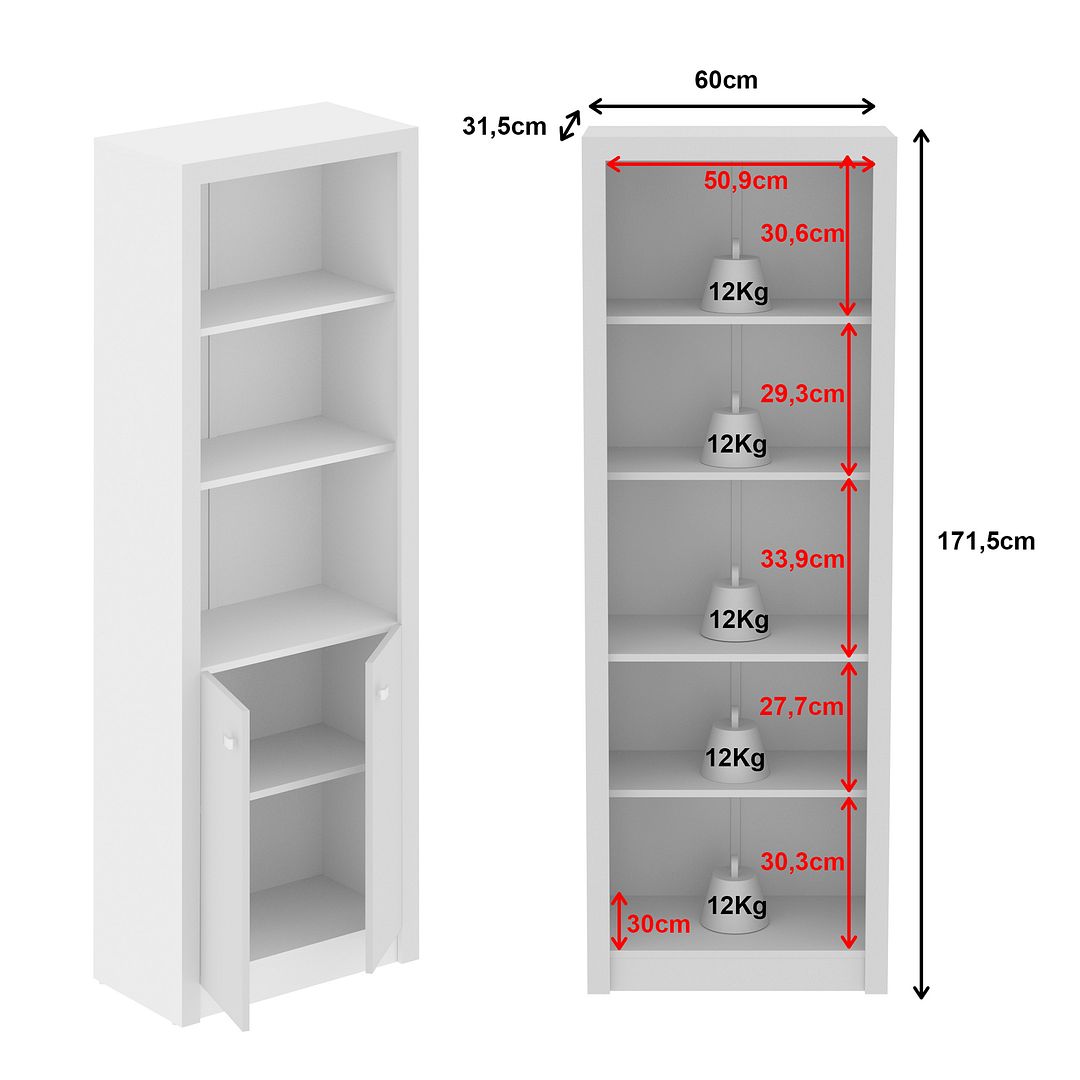 Armário para Escritório Alto com 2 Portas e 5 Prateleiras MDP Branco Tenomobili