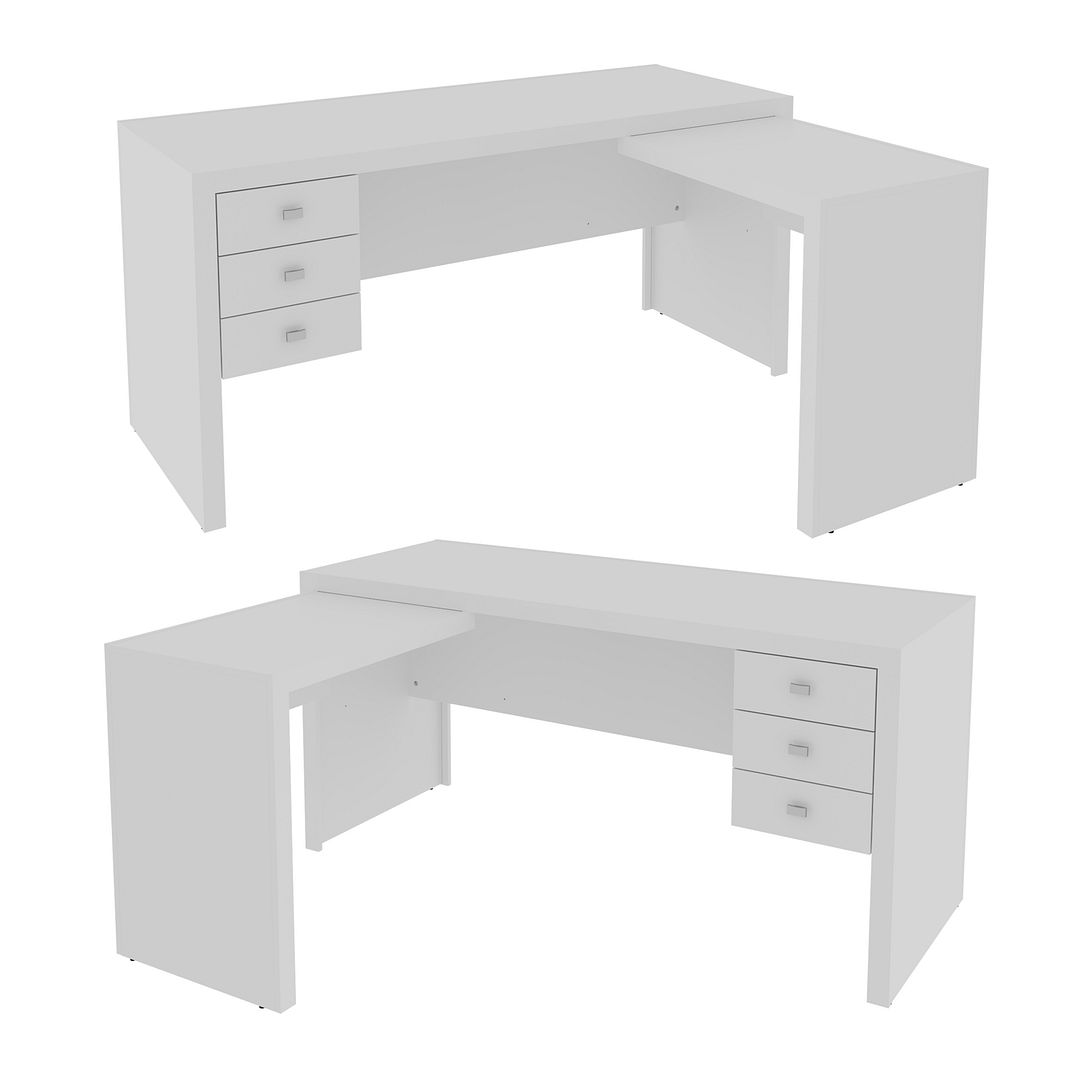 Conjunto de Escritório com 2 Estantes 5 Prateleiras e 2 Mesas com Apoio Lateral 3 Gavetas MDP Branco Tecnomobili